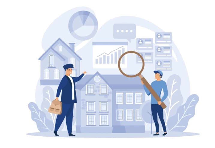 Illustration of an estate agent and a property manager with houses